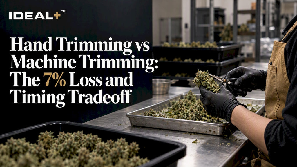 Hands trimming hemp flower at a workbench