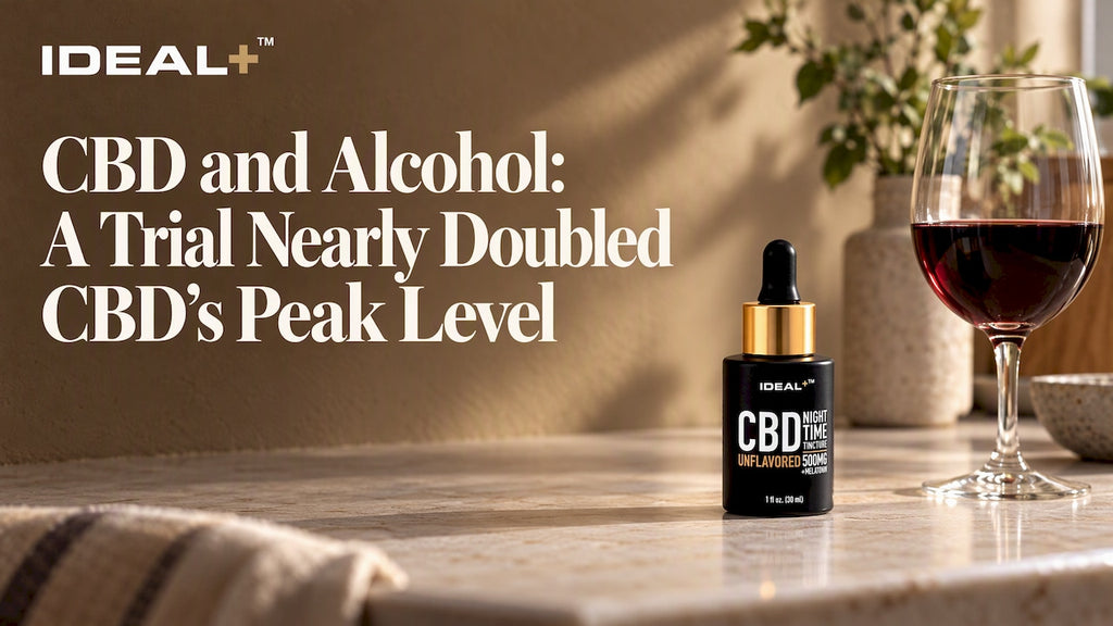 CBD tincture bottle beside a wine glass