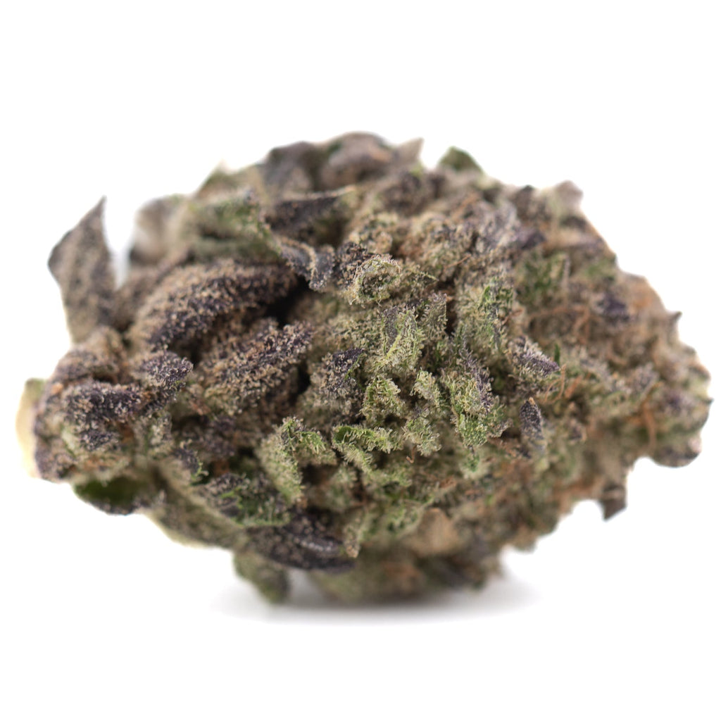 Purple-green Chicken & Waffles THCa hemp flower with frosty trichomes